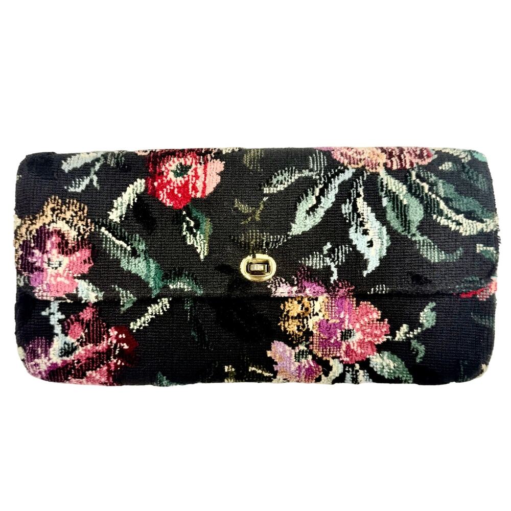 Vintage Black Floral Velvet Tapestry Clutch Brass Lock, Cottage Romantic Evening